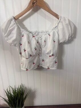 Jopna White Cherry Print Puff Sleeve Milkmaid Crop Top M